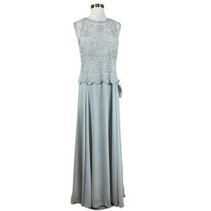 J Kara Beaded Chiffon Long A-Line Evening Gown and Scarf Silver Size 6 Dress